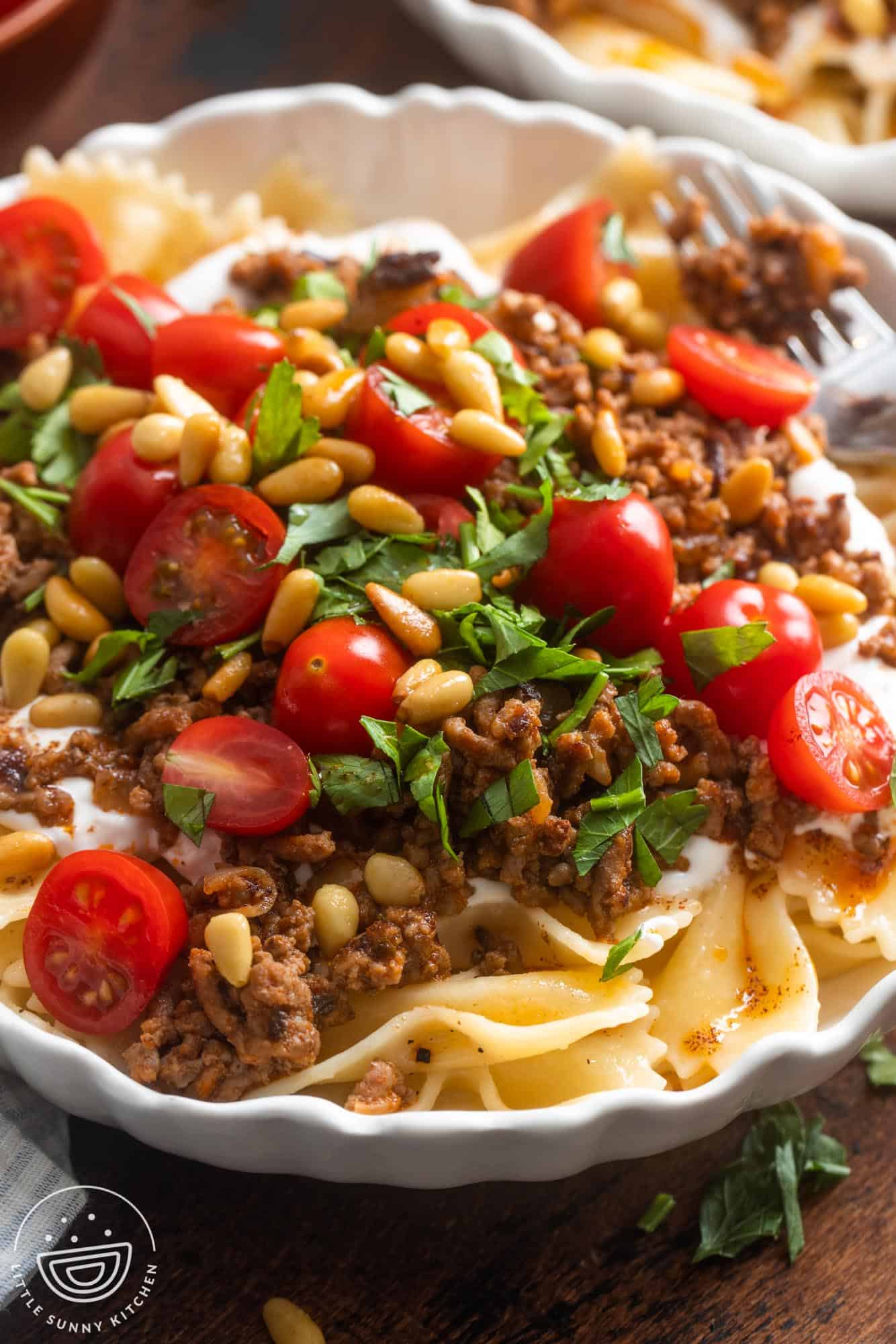 Closeup view of a bowl of turkish pasta with ground beef and tomatoes.