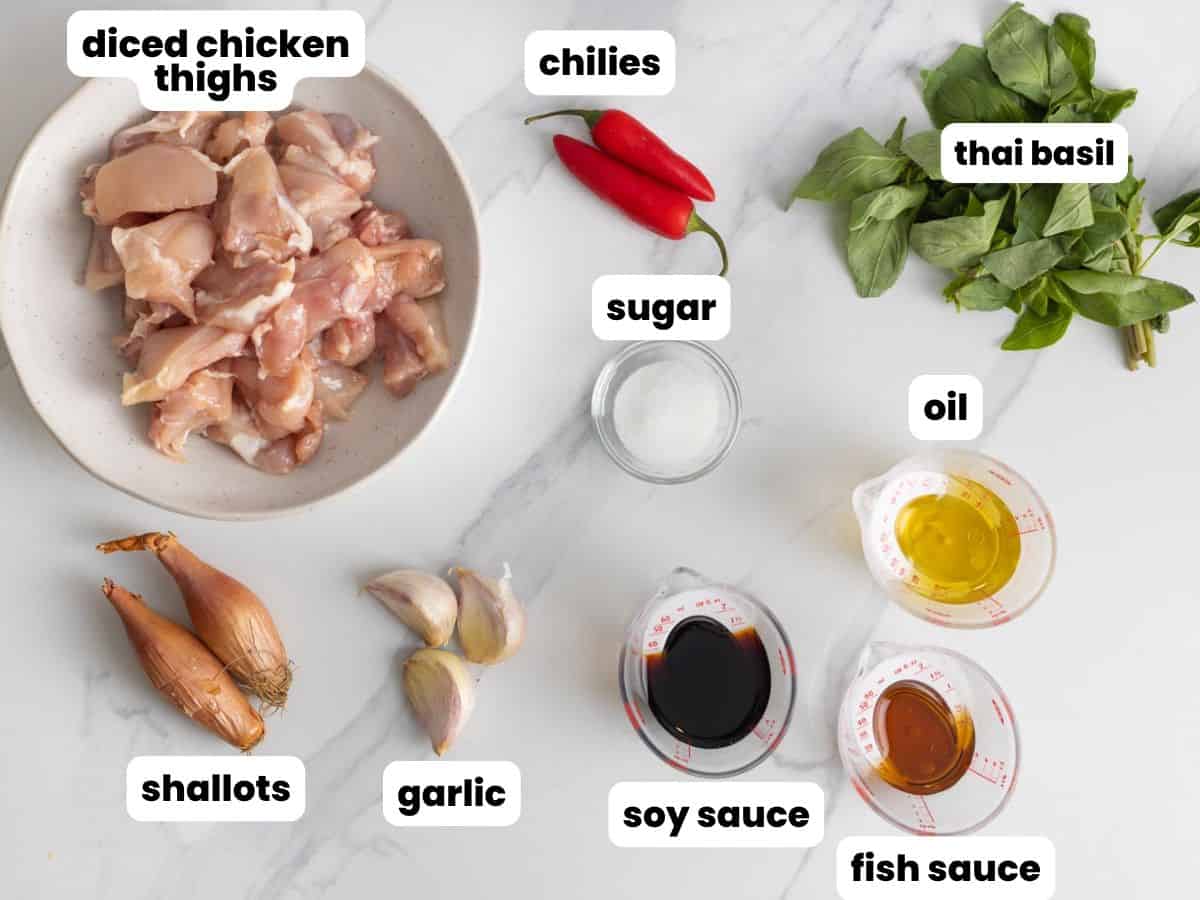 The ingredients needed to make Thai basil chicken with chiles, shallots, and garlic, all in small bowls, arranged on a marble counter.