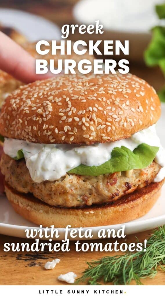 a chicken burger topped with tzatziki sauce on a sesame seed bun. Text overlay says 