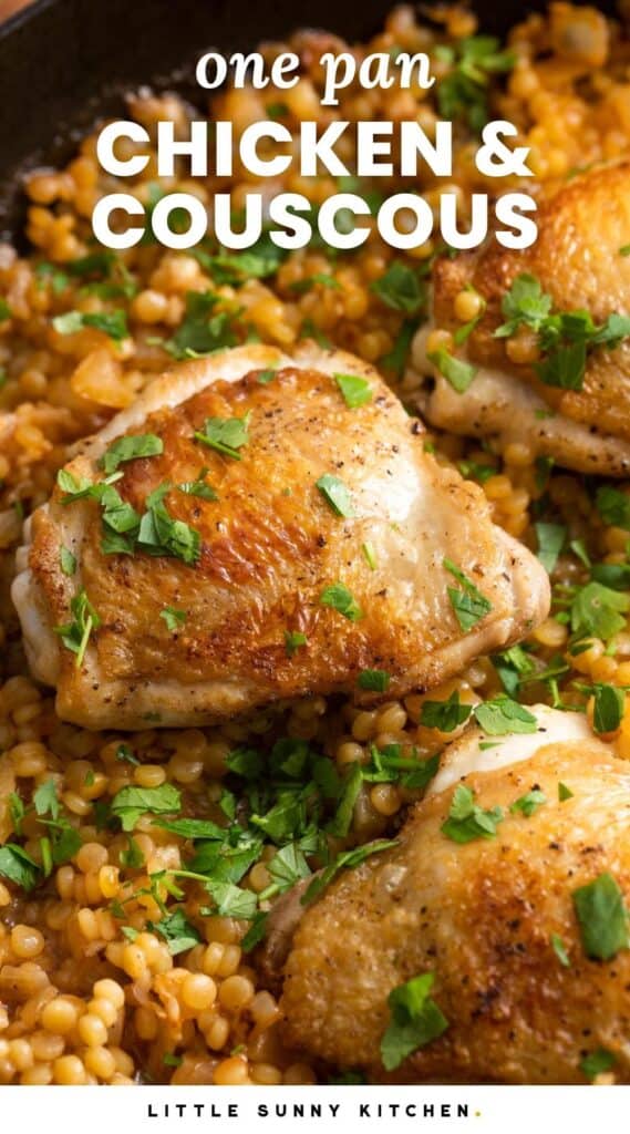 crispy chicken thighs on top of couscous, garnished with chopped parsley. Text overlay says 