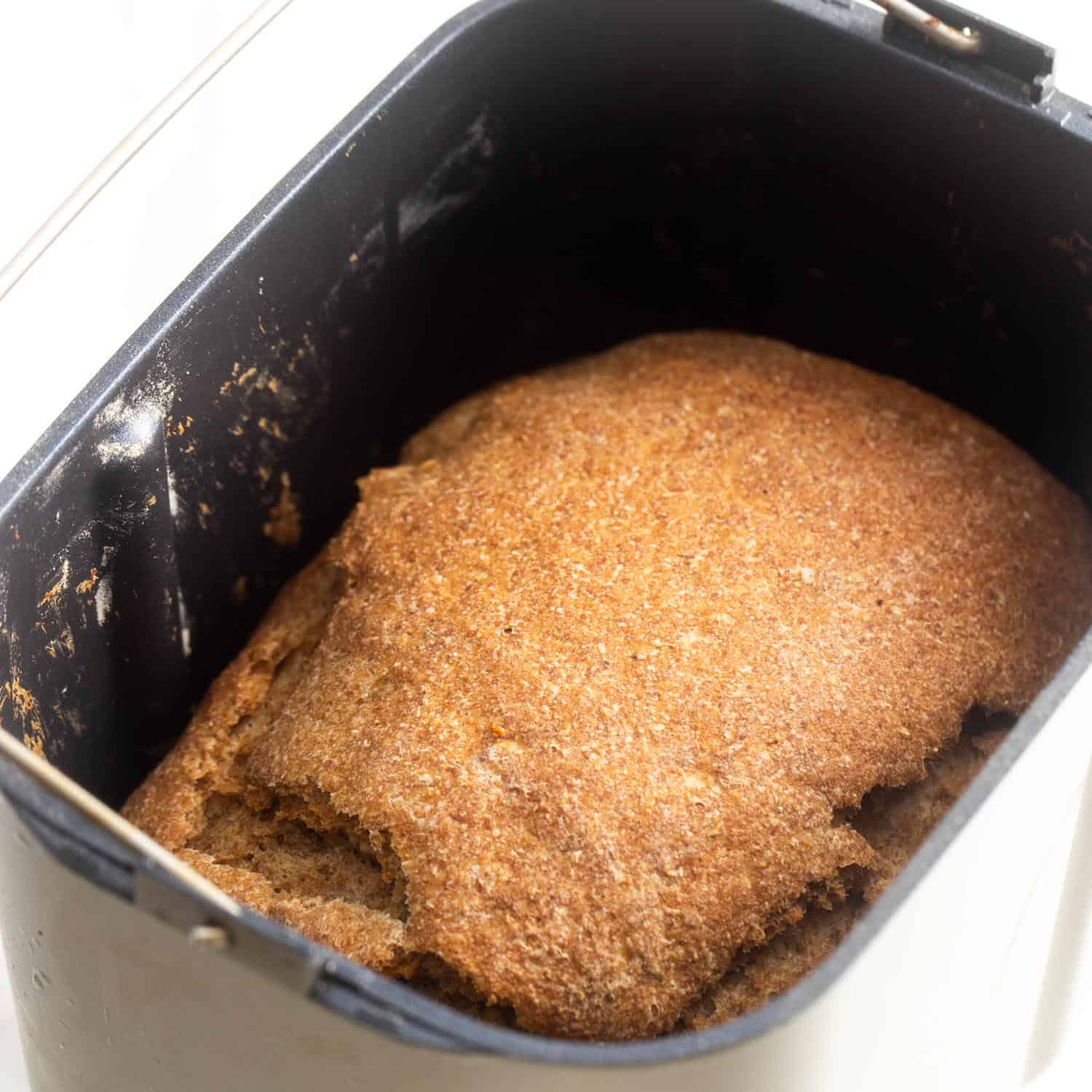 baked rye bread in a bread machine pan.