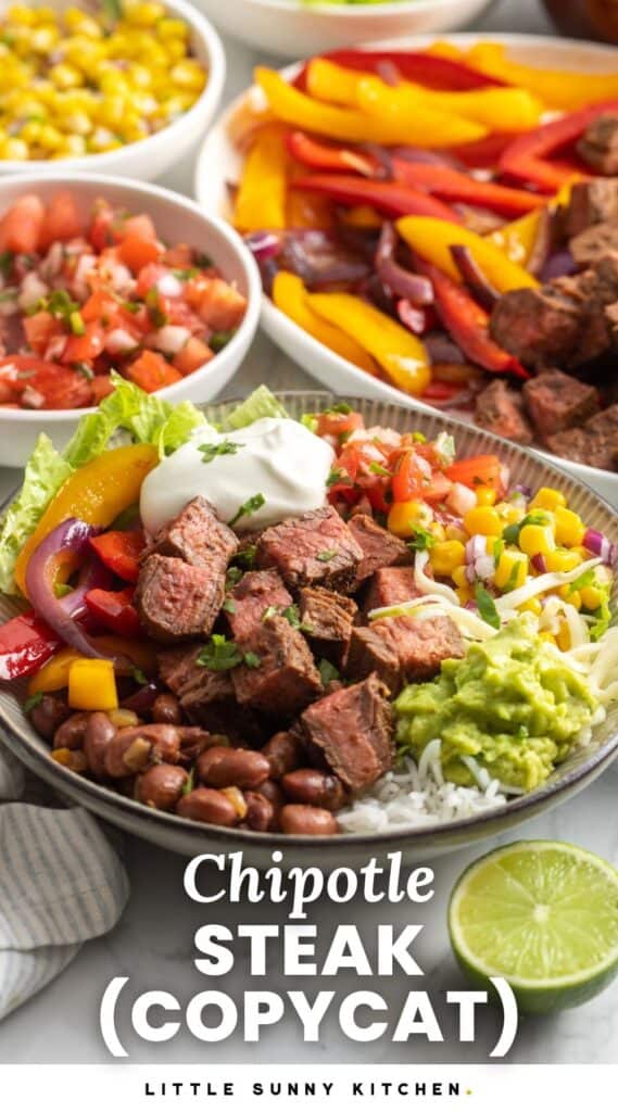 A steak burrito bowl with beans, guac, and salsa. Text overlay says 