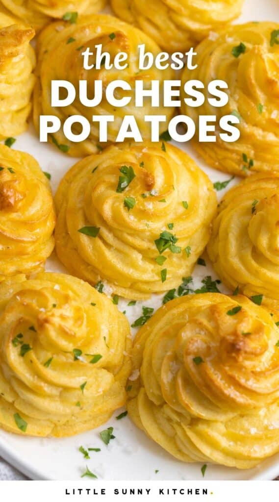 browned swirled duchess potatoes on a platter. Text overlay says 