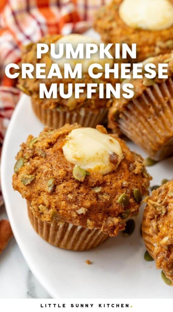 starbucks copycat pumpkin cream cheese muffins on a platter. Text overlay says 